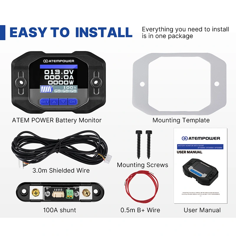 ATEM POWER 12V 100A Real-time Battery Tester RV Car Battery Monitor